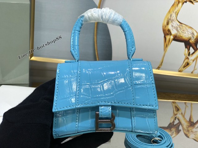 Balenciaga專櫃爆款升級版湖水藍鱷魚紋沙漏包 巴黎世家mini Hourglass沙漏包 fyj1102